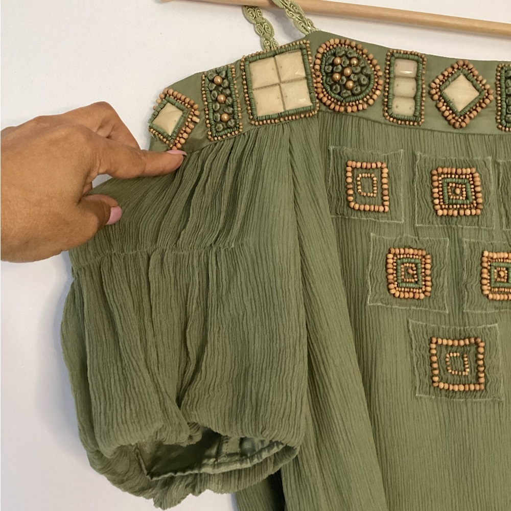 Vintage Style Gold Hawk Green Pleated Cold Shoulder Sundress S - Picture 4 of 11